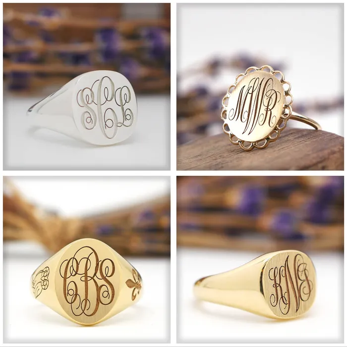 Mens Oval Signet Ring Large Laser Engraved Script Monogram deBebians Rings