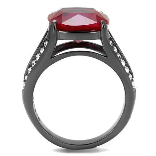 Rings TK2760 IP Light Black IP Gun Stainless Steel Ring with Synthetic Corundum in Ruby Alamode