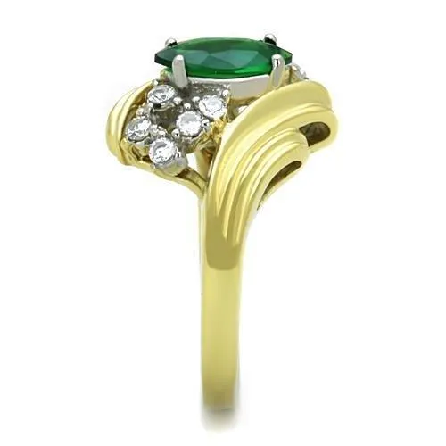 TK1566 TwoTone IP Gold Ion Plating Stainless Steel Ring with Synthetic Synthetic Glass in Emerald Alamode Rings