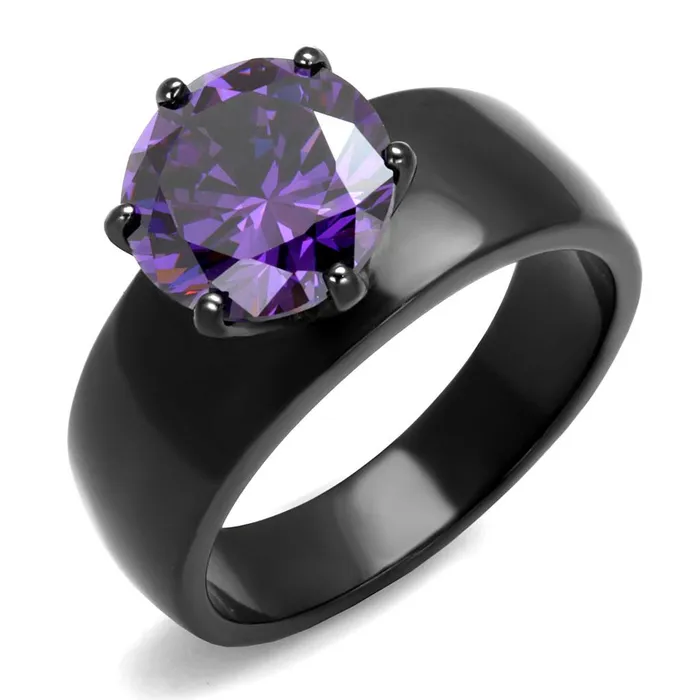 TK2999 IP BlackIon Plating Stainless Steel Ring with AAA Grade CZ in Amethyst Alamode Rings TK2999 IP BlackIon Plating Stainless Steel Ring with AAA Grade CZ in Amethyst Alamode Rings