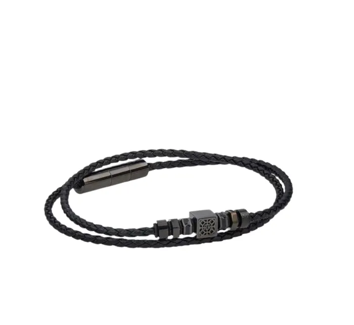 Cerruti Bracelets Cerruti 1881 Jali2 Braided Black Leather Bracelet with Metal Accents Cerruti Bracelets Cerruti 1881 Jali2 Braided Black Leather Bracelet with Metal Accents