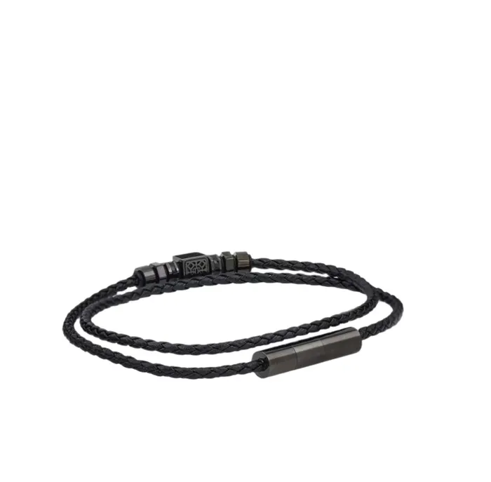Cerruti Bracelets Cerruti 1881 Jali2 Braided Black Leather Bracelet with Metal Accents