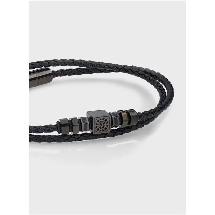Cerruti Bracelets Cerruti 1881 Jali2 Braided Black Leather Bracelet with Metal Accents