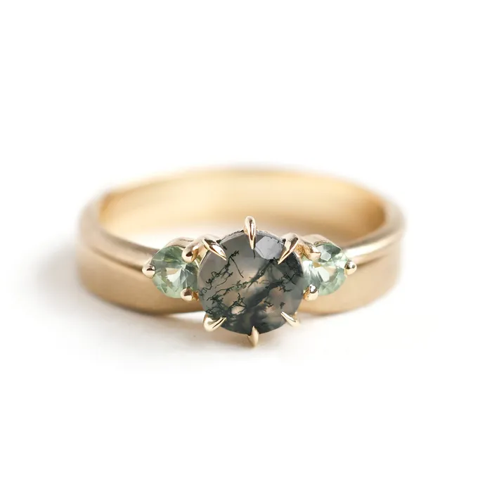 Moss Agate Wedding Ring Set Capucinne Rings Moss Agate Wedding Ring Set Capucinne Rings