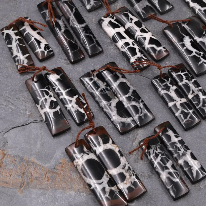 Earrings Intrinsic Trading Natural Septarian Fossil Earring Pair Cabochon Cab Pair Drilled Rectangle Matched Earrings Black White Pattern Bead Pair
