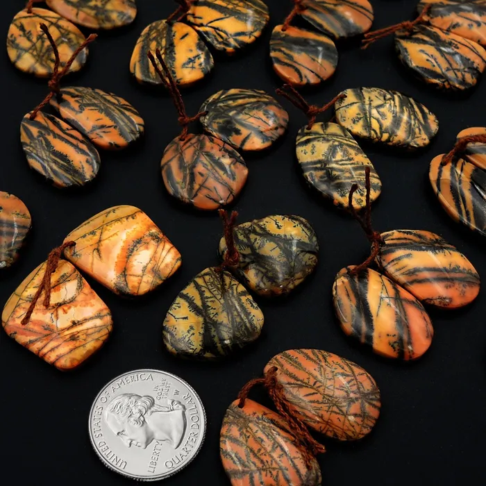 Intrinsic Trading Drilled Rare Natural Utah Black Feather Jasper Earring Cabochon Cab Pair Freeform Matched Bead Pair American Jasper Earrings