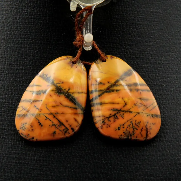 Intrinsic Trading Drilled Rare Natural Utah Black Feather Jasper Earring Cabochon Cab Pair Freeform Matched Bead Pair American Jasper Earrings