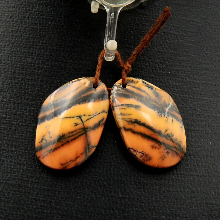 Intrinsic Trading Drilled Rare Natural Utah Black Feather Jasper Earring Cabochon Cab Pair Freeform Matched Bead Pair American Jasper Earrings