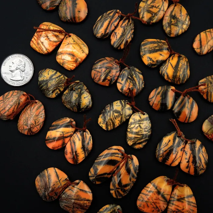 Intrinsic Trading Drilled Rare Natural Utah Black Feather Jasper Earring Cabochon Cab Pair Freeform Matched Bead Pair American Jasper Earrings