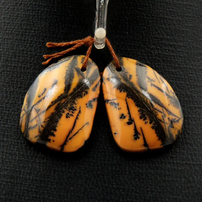 Intrinsic Trading Drilled Rare Natural Utah Black Feather Jasper Earring Cabochon Cab Pair Freeform Matched Bead Pair American Jasper Earrings