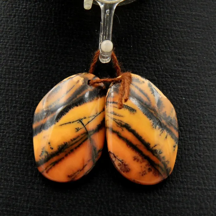 Intrinsic Trading Drilled Rare Natural Utah Black Feather Jasper Earring Cabochon Cab Pair Freeform Matched Bead Pair American Jasper Earrings