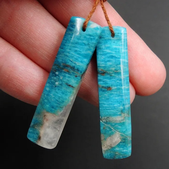 Intrinsic Trading Earrings Drilled Natural Russian Amazonite Earring Pair Matched Rectangle Drilled Cabochon Cab Teardrop Earring Pair E3415