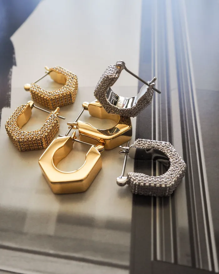 Luv Aj PreStyled Sets Pave Hex Bolt Huggies Gold Luv Aj PreStyled Sets Pave Hex Bolt Huggies Gold