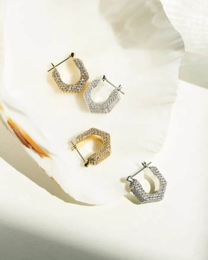 Luv Aj PreStyled Sets Pave Hex Bolt Huggies Gold Luv Aj PreStyled Sets Pave Hex Bolt Huggies Gold