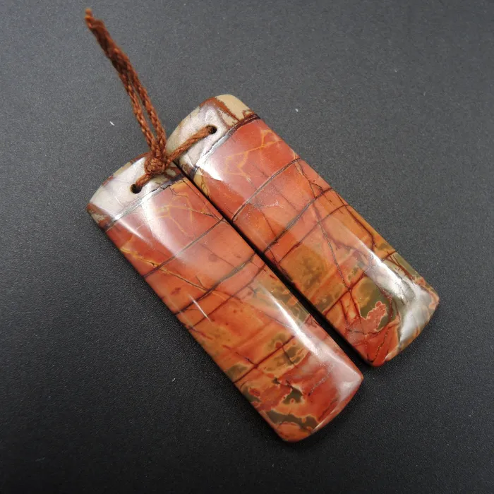 Natural Red Creek Jasper Earring Pair Rectangle Cabochon Cab Pair Drilled Matched Earrings Bead Pair E478 Intrinsic Trading Earrings