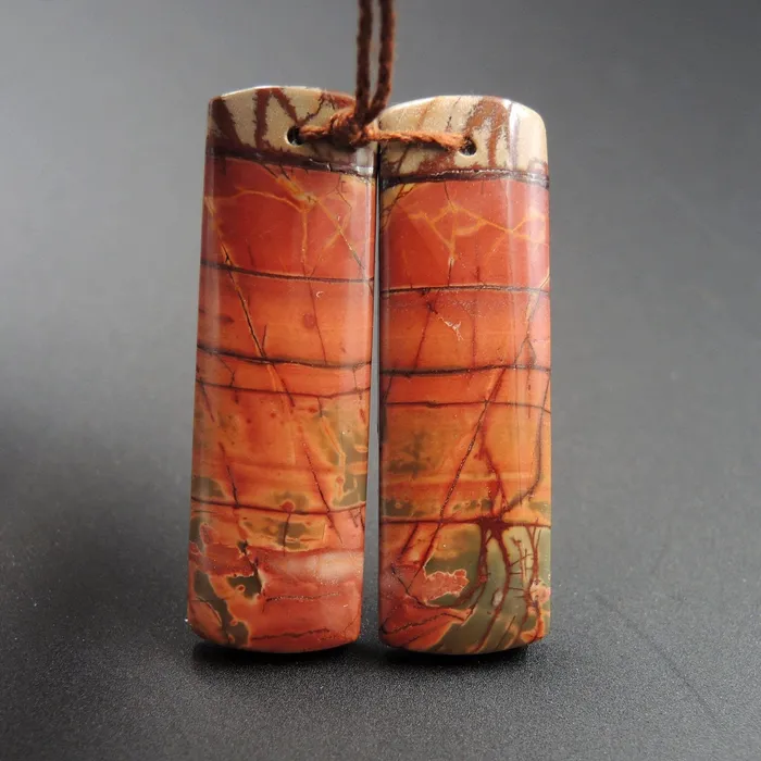 Natural Red Creek Jasper Earring Pair Rectangle Cabochon Cab Pair Drilled Matched Earrings Bead Pair E478 Intrinsic Trading Earrings