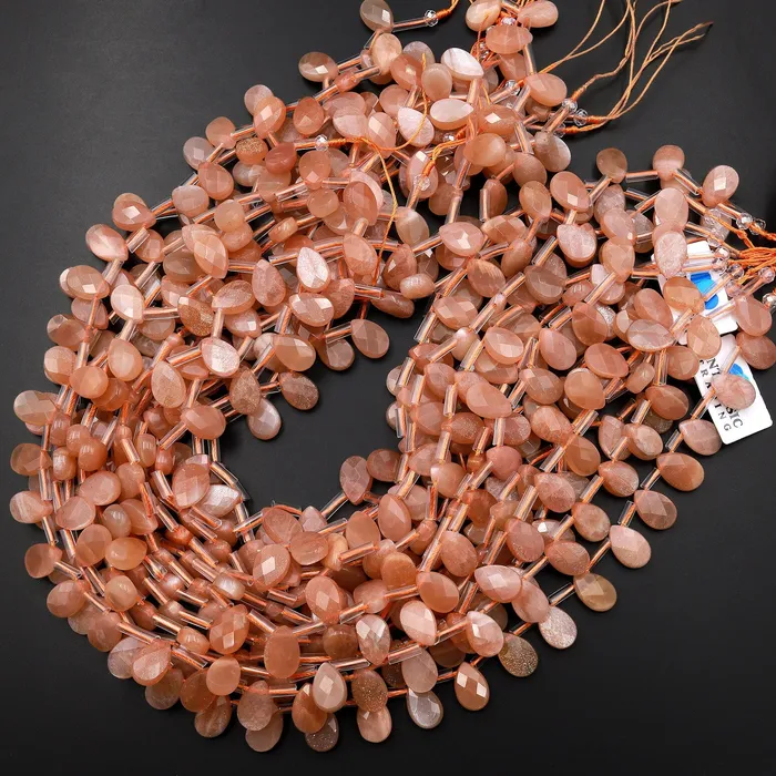 Natural Silvery Peach Moonstone Faceted Flat Teardrop Beads Good for Earrings 155 Strand Intrinsic Trading Earrings