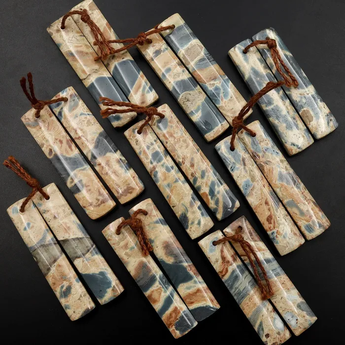 Natural Slate Blue Conglomerate Jasper Earring Pair Rectangle Cabochon Pair Drilled Matched Gemstone Beads Intrinsic Trading Earrings
