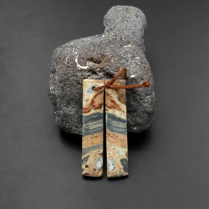 Natural Slate Blue Conglomerate Jasper Earring Pair Rectangle Cabochon Pair Drilled Matched Gemstone Beads Intrinsic Trading Earrings