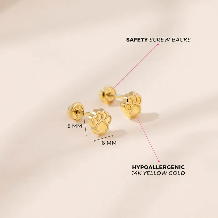 14k Gold Dog Paw Baby Toddler Kids Earrings Safety Screw Back Baby Screw Back Earrings Earrings
