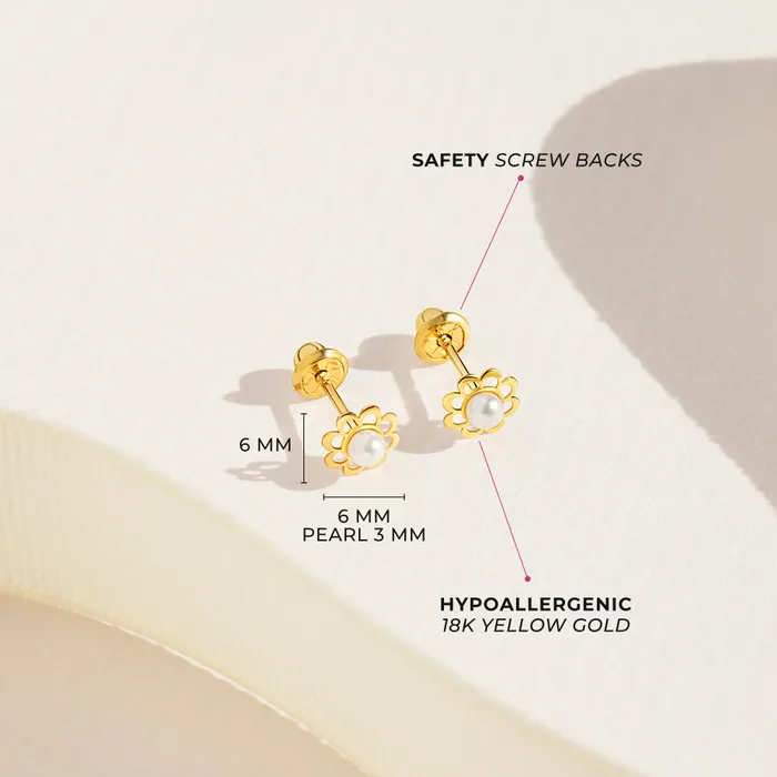 Baby Screw Back Earrings Earrings 18k Gold Flower Freshwater Pearl Baby Toddler Kids Earrings Safety Screw Back