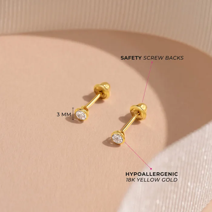 Earrings Baby Screw Back Earrings 18k Gold Tiny Bezel Set CZ Baby Toddler Kids Earrings Safety Screw Back