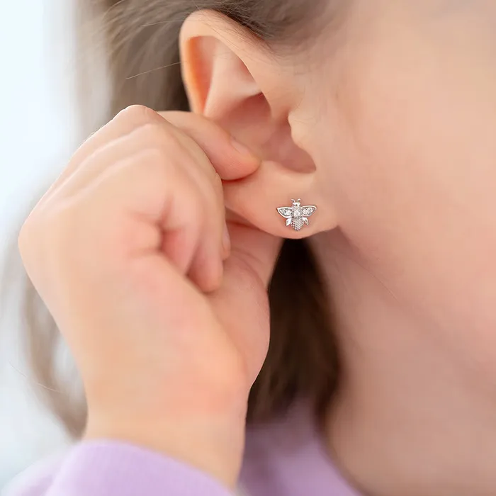 Earrings Kids Screw Back Earrings CZ Bee Kids Childrens Girls Earrings Screw Back Sterling Silver