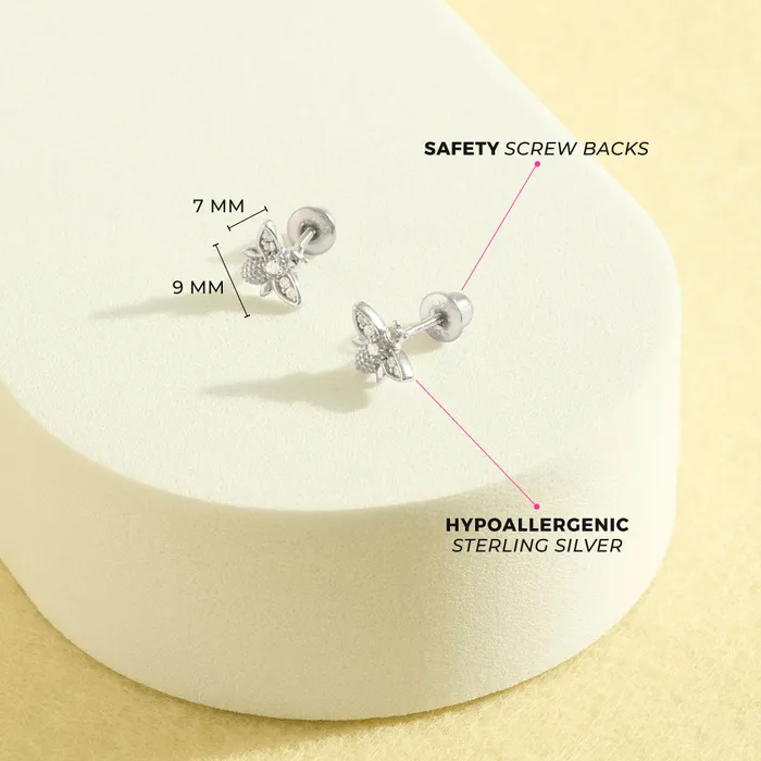 Earrings Kids Screw Back Earrings CZ Bee Kids Childrens Girls Earrings Screw Back Sterling Silver
