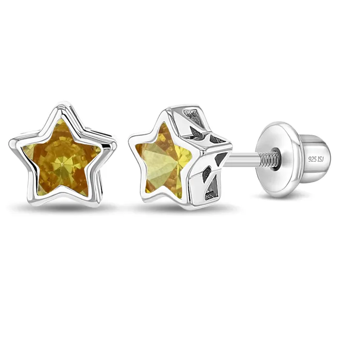 Earrings Kids Screw Back Earrings CZ Birthstone Stars Kids Childrens Girls Earrings Screw Back Sterling Silver