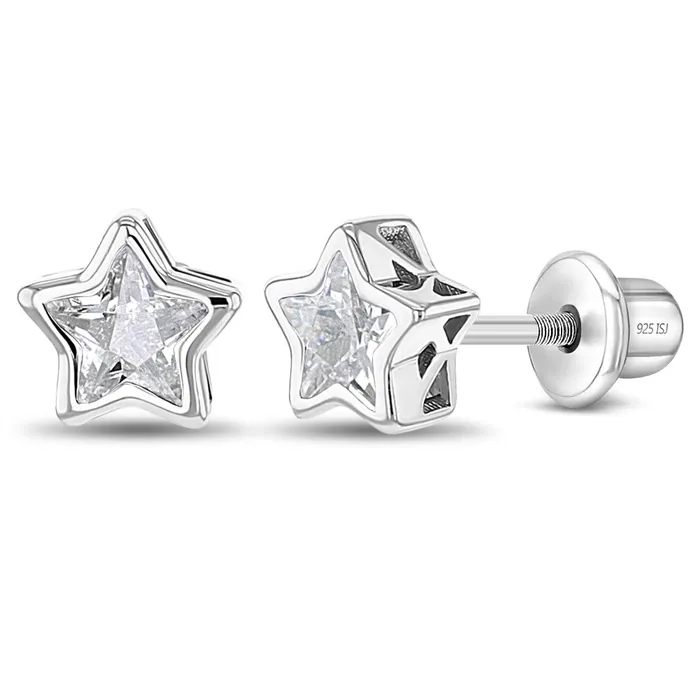 Earrings Kids Screw Back Earrings CZ Birthstone Stars Kids Childrens Girls Earrings Screw Back Sterling Silver