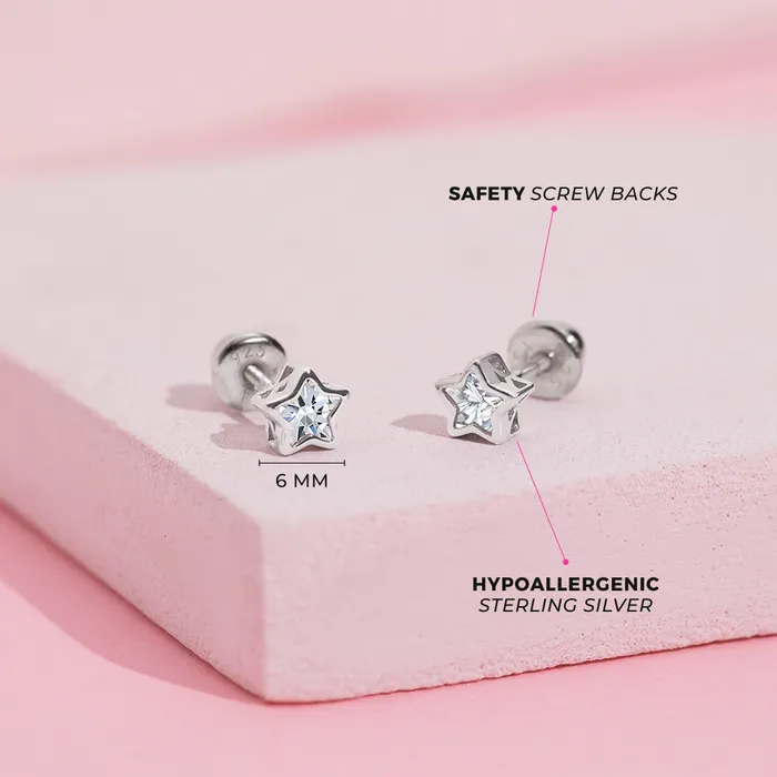 Earrings Kids Screw Back Earrings CZ Birthstone Stars Kids Childrens Girls Earrings Screw Back Sterling Silver