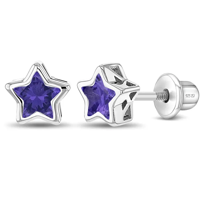 Earrings Kids Screw Back Earrings CZ Birthstone Stars Kids Childrens Girls Earrings Screw Back Sterling Silver