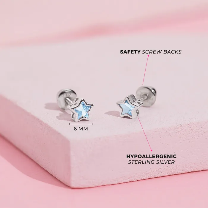 Earrings Kids Screw Back Earrings CZ Birthstone Stars Kids Childrens Girls Earrings Screw Back Sterling Silver