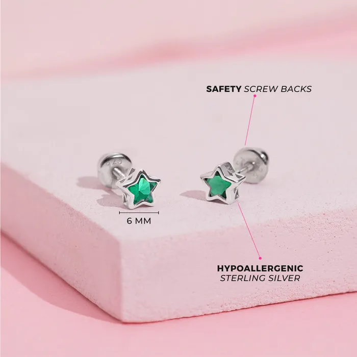 Earrings Kids Screw Back Earrings CZ Birthstone Stars Kids Childrens Girls Earrings Screw Back Sterling Silver