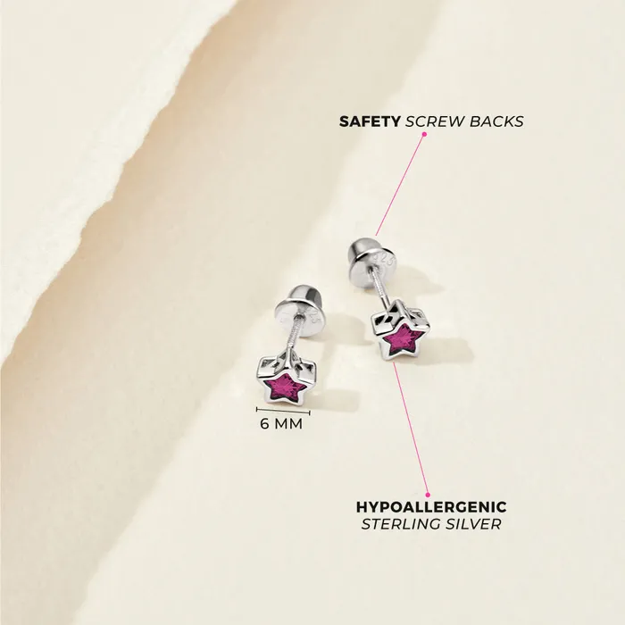 Earrings Kids Screw Back Earrings CZ Birthstone Stars Kids Childrens Girls Earrings Screw Back Sterling Silver