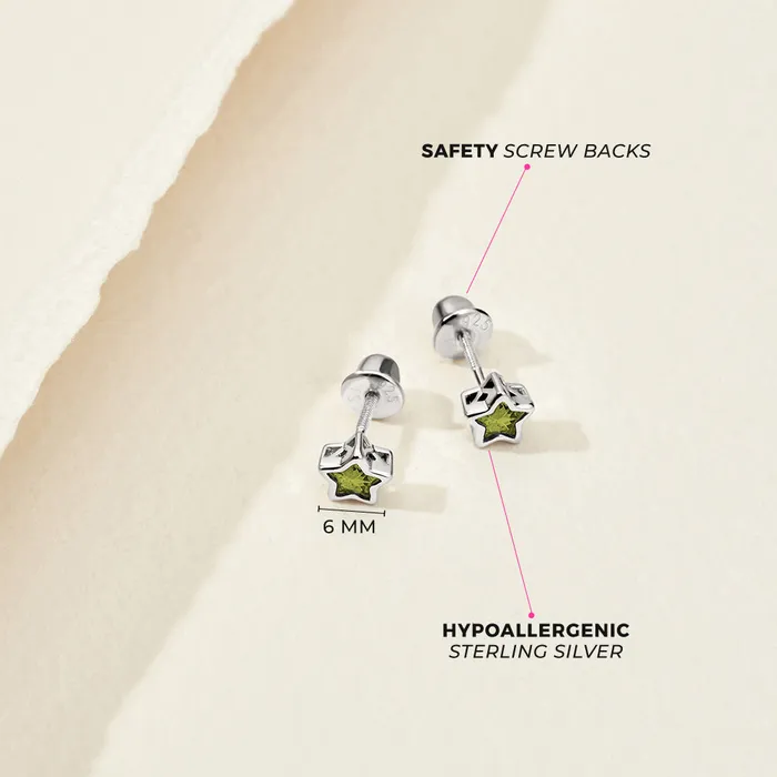 Earrings Kids Screw Back Earrings CZ Birthstone Stars Kids Childrens Girls Earrings Screw Back Sterling Silver