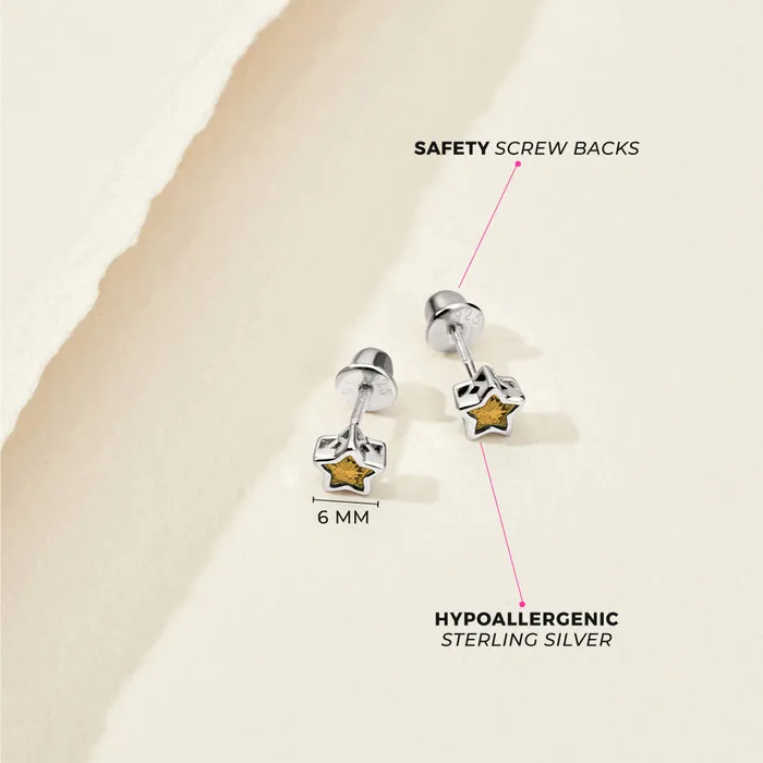 Earrings Kids Screw Back Earrings CZ Birthstone Stars Kids Childrens Girls Earrings Screw Back Sterling Silver