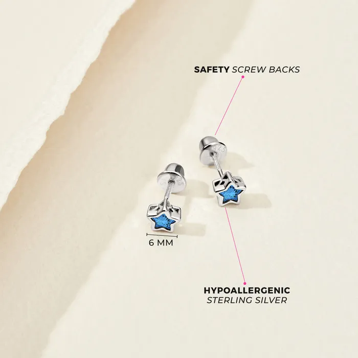 Earrings Kids Screw Back Earrings CZ Birthstone Stars Kids Childrens Girls Earrings Screw Back Sterling Silver