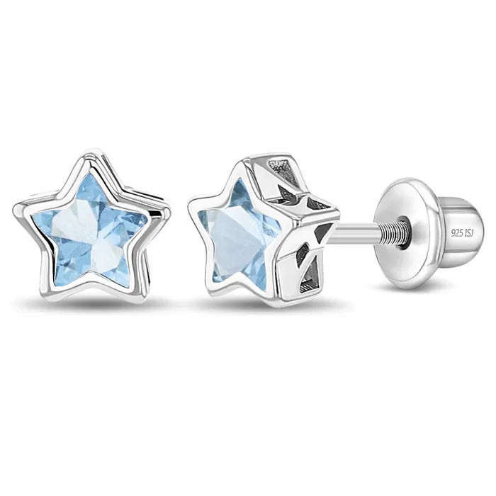 Earrings Kids Screw Back Earrings CZ Birthstone Stars Kids Childrens Girls Earrings Screw Back Sterling Silver