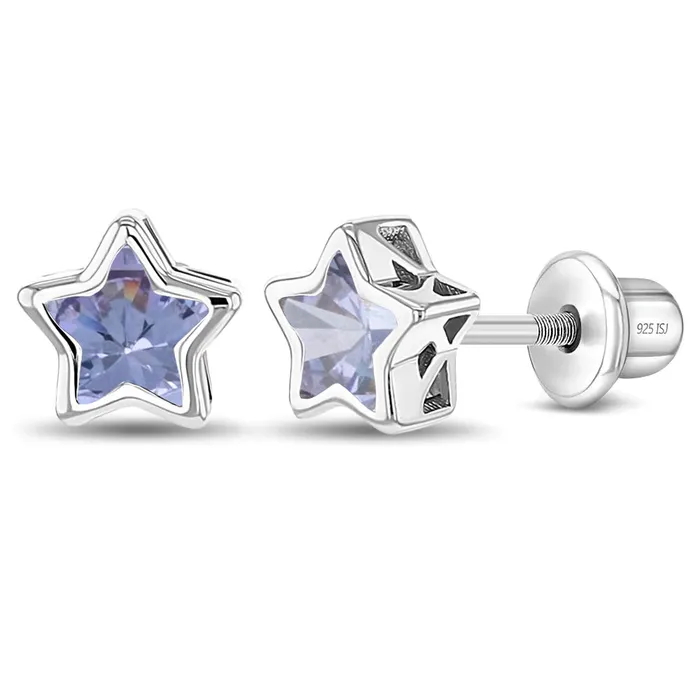 Earrings Kids Screw Back Earrings CZ Birthstone Stars Kids Childrens Girls Earrings Screw Back Sterling Silver