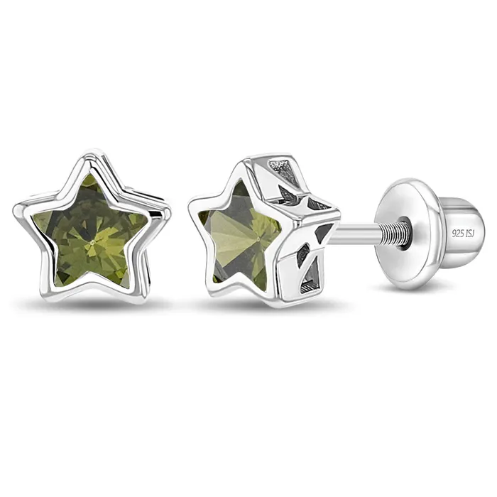 Earrings Kids Screw Back Earrings CZ Birthstone Stars Kids Childrens Girls Earrings Screw Back Sterling Silver