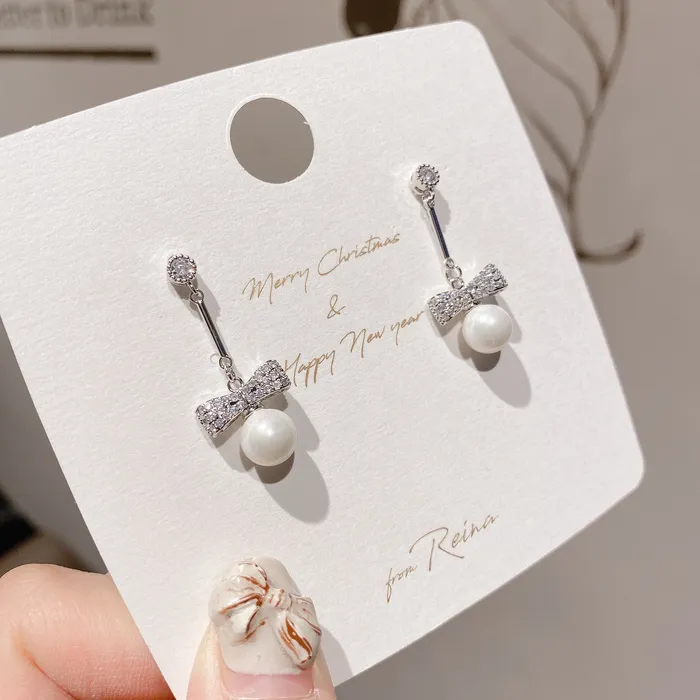 Earrings Refined by AnnaKaci Pearl and Bow Silver Dangle Earring
