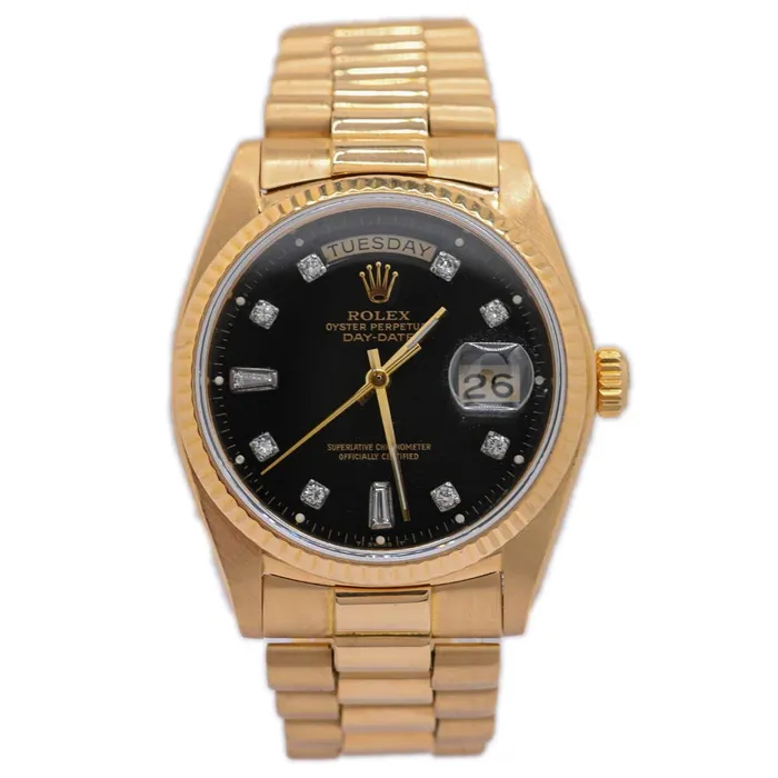 Happy Jewelers Rolex President DayDate 18K Yellow Gold 36mm Custom Black Diamond Dial Watch Reference 1803 PreStyled Sets Happy Jewelers Rolex President DayDate 18K Yellow Gold 36mm Custom Black Diamond Dial Watch Reference 1803 PreStyled Sets