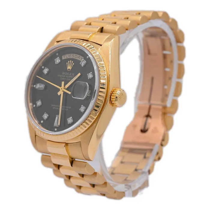 Happy Jewelers Rolex President DayDate 18K Yellow Gold 36mm Custom Black Diamond Dial Watch Reference 1803 PreStyled Sets