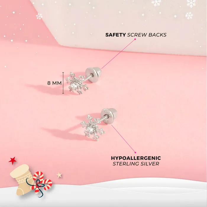 Icy Snowflake Kids Childrens Girls Earrings Screw Back Sterling Silver Kids Screw Back Earrings Earrings