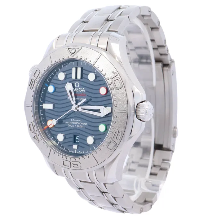 Omega Seamaster Bejing 2022 42mm Stainless Steel Blue Wave Dot Dial Watch Reference 52230422003001 Happy Jewelers Watches