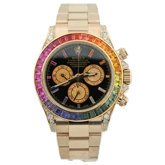 PreStyled Sets Happy Jewelers Rolex Mens Daytona 18K Rose Gold 40mm Custom Black Rainbow Watch Reference 116505 PreStyled Sets Happy Jewelers Rolex Mens Daytona 18K Rose Gold 40mm Custom Black Rainbow Watch Reference 116505