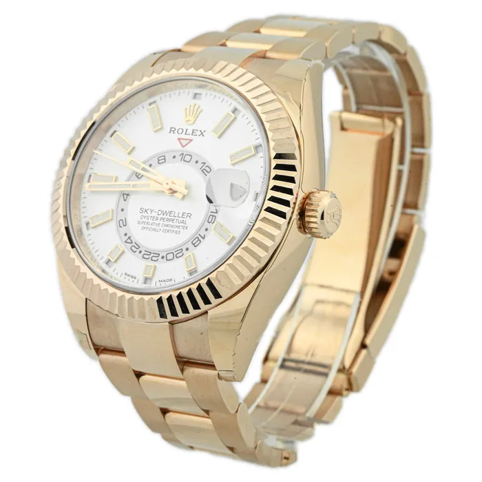Rolex Mens SkyDweller 18K Everose Gold 42mm White Stick Dial Watch Reference 326935 Happy Jewelers PreStyled Sets