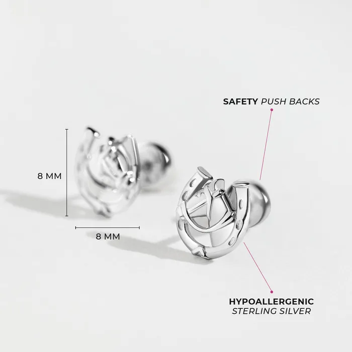Winners Circle Horse Kids Childrens Girls Earrings Safety Push Back Sterling Silver Animal Jewelry Earrings
